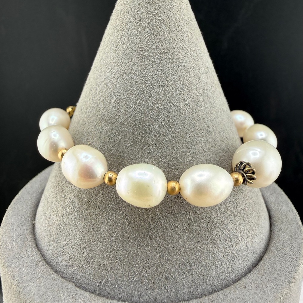 Vintage Baroque Pearl Bracelet White Beaded Gold‎ Filled Clasp 7 Inch Womens